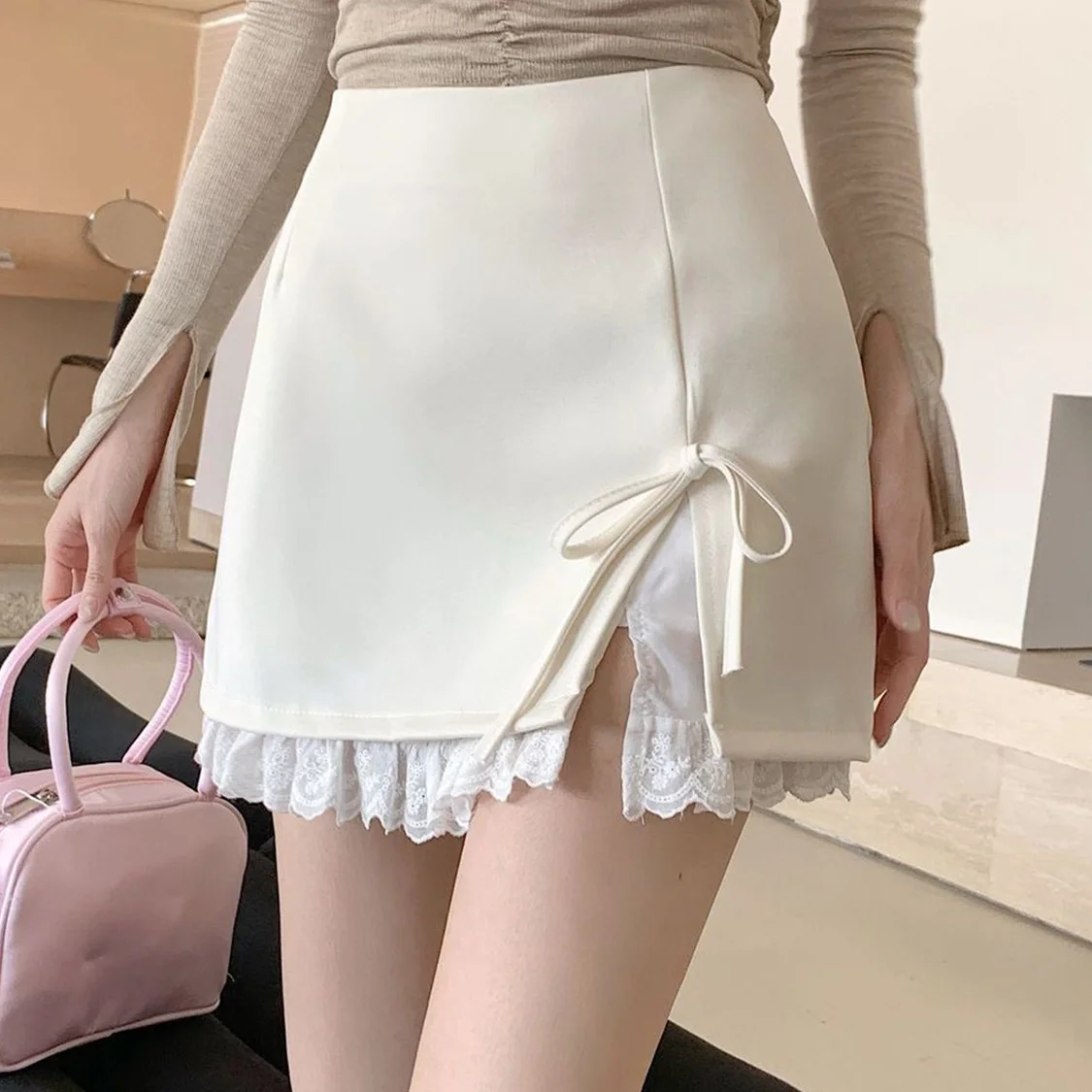 Cute Sexy Bow Lace Mini Skirt Kawaii Women Y2K Lolita Ruffles Skirts Japanese 2025 Summer Ladies Beige Gray Black A line Skirt