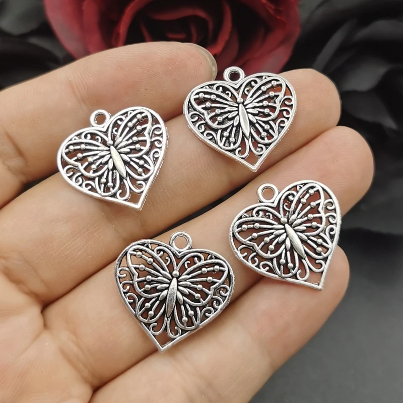 20pcs Charms Heart Butterfly 22x20mm Tibetan Silver Color Pendants Antique Jewelry Making DIY Handmade Craft