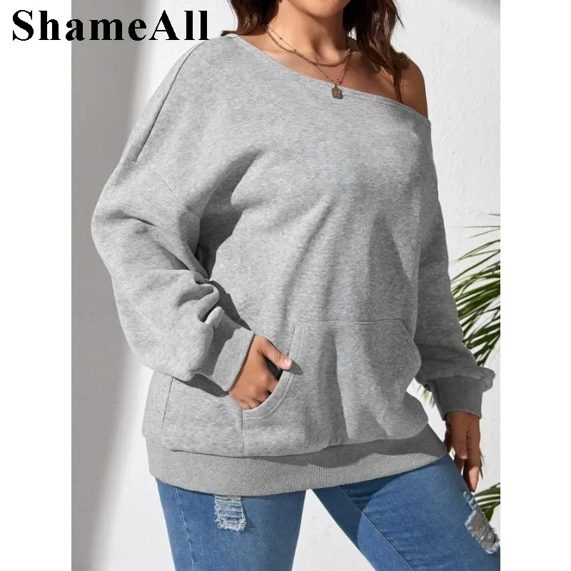 Women's Plus Size Light Grey Loose Asymmetrical Neck Sweatshirt Sexy OffShoulder Tops Casual Chic  Pullover