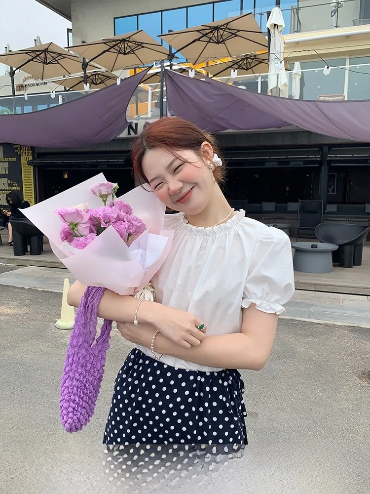 

Женская рубашка Soda Weekend в корейском стиле с короткими рукавами, круглым вырезом, кружевной отделкой, свободного кроя, из дышащего хлопка, летний топ