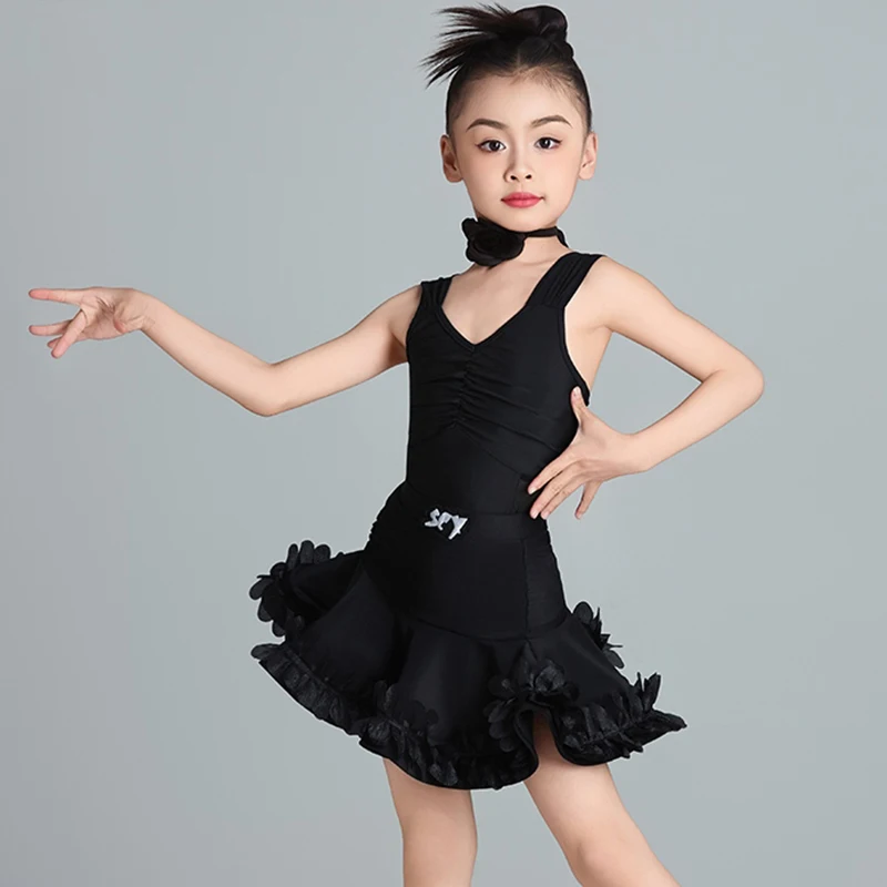 

Latin Dance Suit Summer New Performance Dress Girl Black Sleeveless Dance Clothes Ruffle Skirt Children Rumba Samba Costume 3225