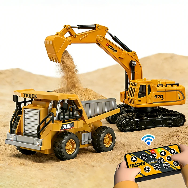 Camión de Control Remoto en Miniatura 1:64, Juguetes para Niños, Vehículo de Ingeniería de Aleación, Montacargas, Excavadora, Camión Volquete, Modelo de Coche, Radio, Juguetes RC de Escritorio
