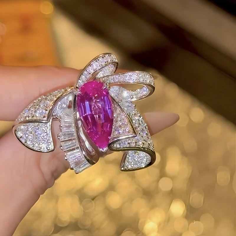 

BELLUX Synthetic Colored Gemstone Butterfly Pink Long Water Drop Full Diamond Ring 925 Silver Gold-plated Fashion Jewelry