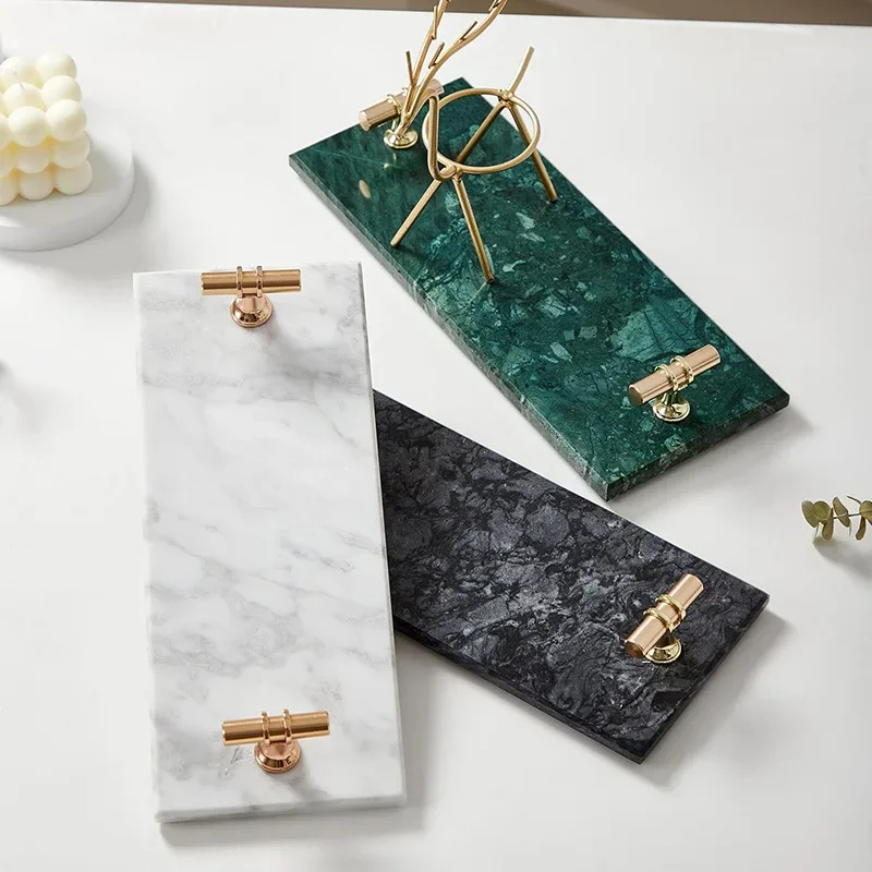 

AhunderJiaz Natural Marble Jewelry Tray Vanity Tabletop Ornament with Gold Handles Bathroom Home Decor