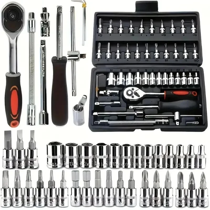 

46Pcs Family Tools 1/4 Set Mechanic Tool Kits for Auto Repair Hous with Sockets Metric Hex Bit Socket Set inch Ratchet Wrench