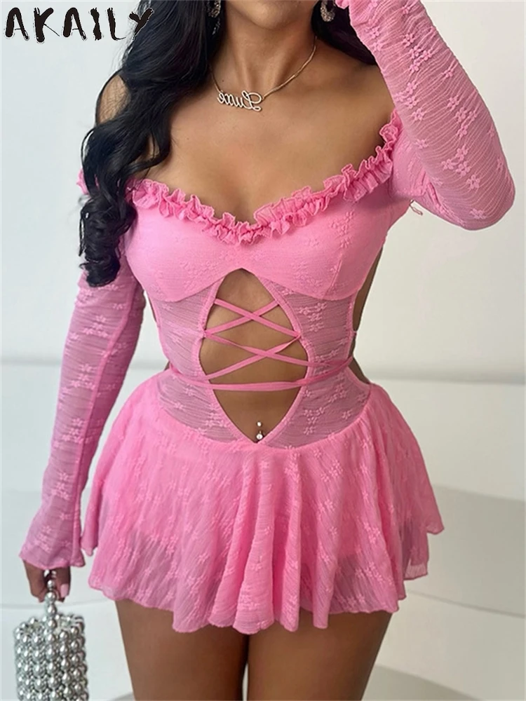 Akaily Spring Women's Pink Off Shoulder Sheer Mesh Mini Dress Y2K Party Outfit 2025 Long Sleeve Lace-up Backless Ruffles Dresses