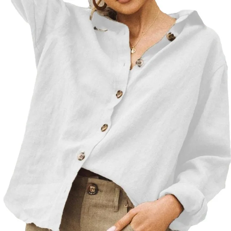 

2025 Women's White Shirt Fashion Loose Single-breasted Lapel Long Sleeve Cotton Linen Top Black Causal Blouses for Female