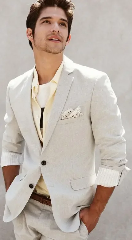 Tailored-Made Ivory Linen Men Suit Slim Fit 2 Piece Groom Tuxedo Casual Blazer Wedding Suits Terno Masculino Jacket+Pant