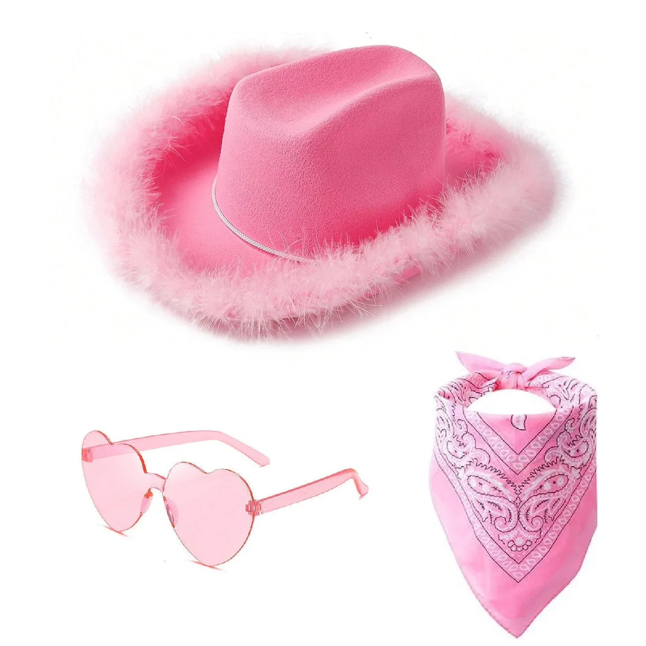 Sombrero de vaquero occidental, gafas de sol rosas, bufanda, toalla, tira de pelo de plumas, fiesta, boda, festivo, Carnaval, COSPLAY, conjunto de accesorios de vestir