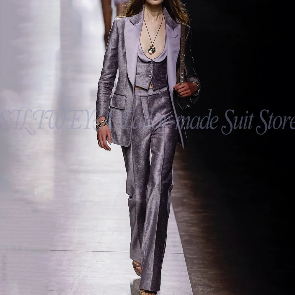 Elegant Light Purple Satin Female Suit Set 3 Pieces Jacket Pants Vest High-end Boutique Fashion Trousers Conjuntos De Mujer