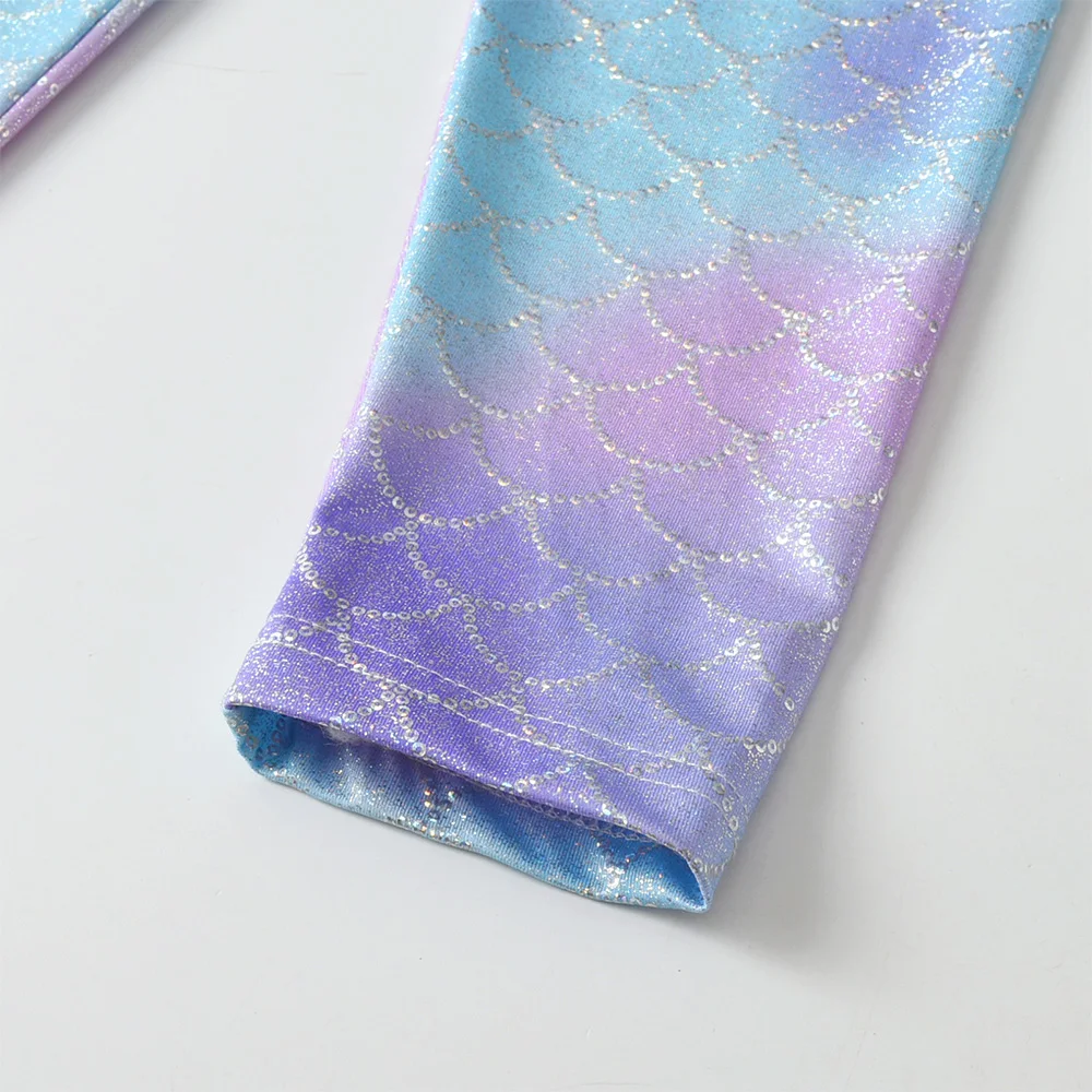 Mädchen-Leggings mit Meerjungfrauen-Print und mehrlagigem Mesh-Tutu-Rock für Tanz, Kinder-Ombre-Schuppen-Glitzer-Polyester-Hosen mit Farbverlauf – Detail 8