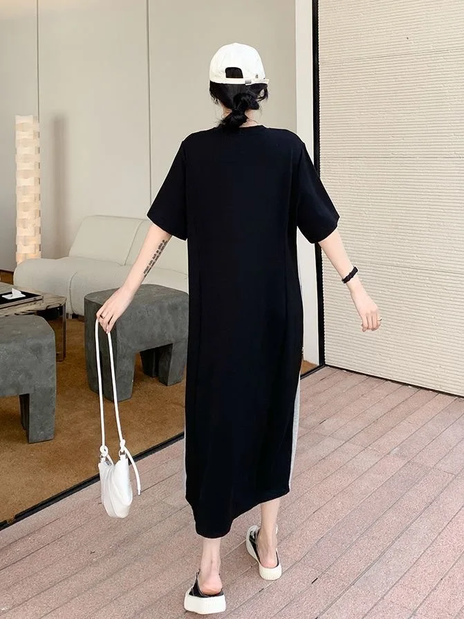 Summer New plus Size Women's Dress Loose Short Sleeve Patchwork Midi Knee-Length T-Shirt A-Line Skirt High Waist Commute Style