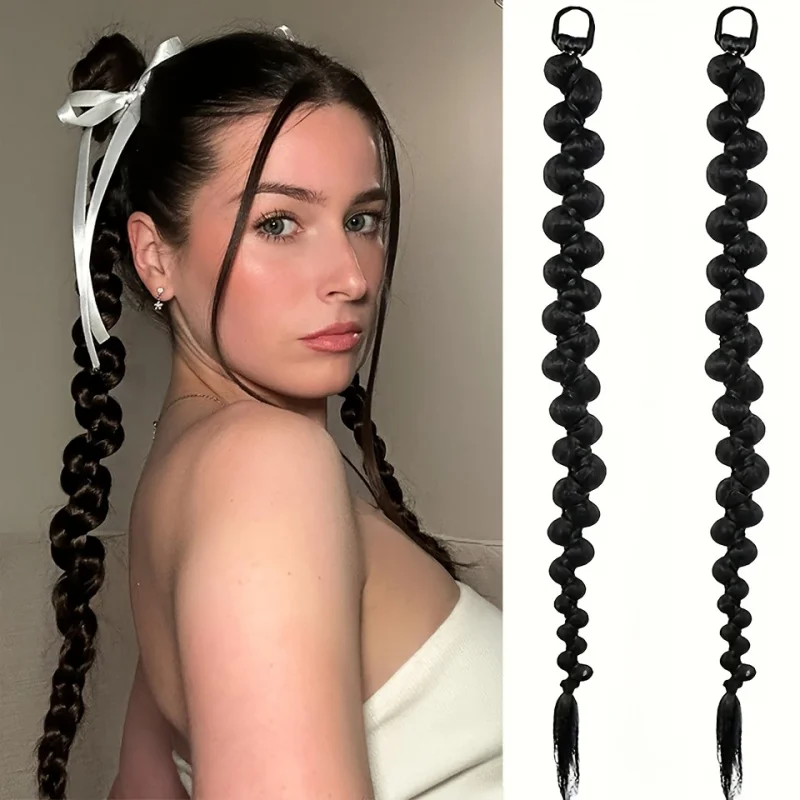 

Синтетические плетеные пряди для наращивания волос, косички-хвосты с резинками, в стиле Y2K, черные косы