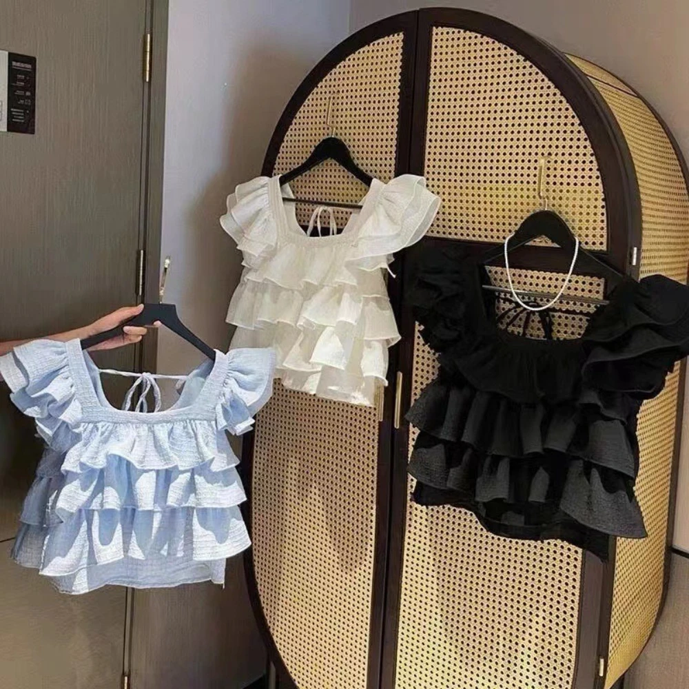 New Summer Girls Clothing for 2-7 Years Old Korean Version Sweet and Cute Square Neck Pleated Lace Sleeves Backless Bow Top