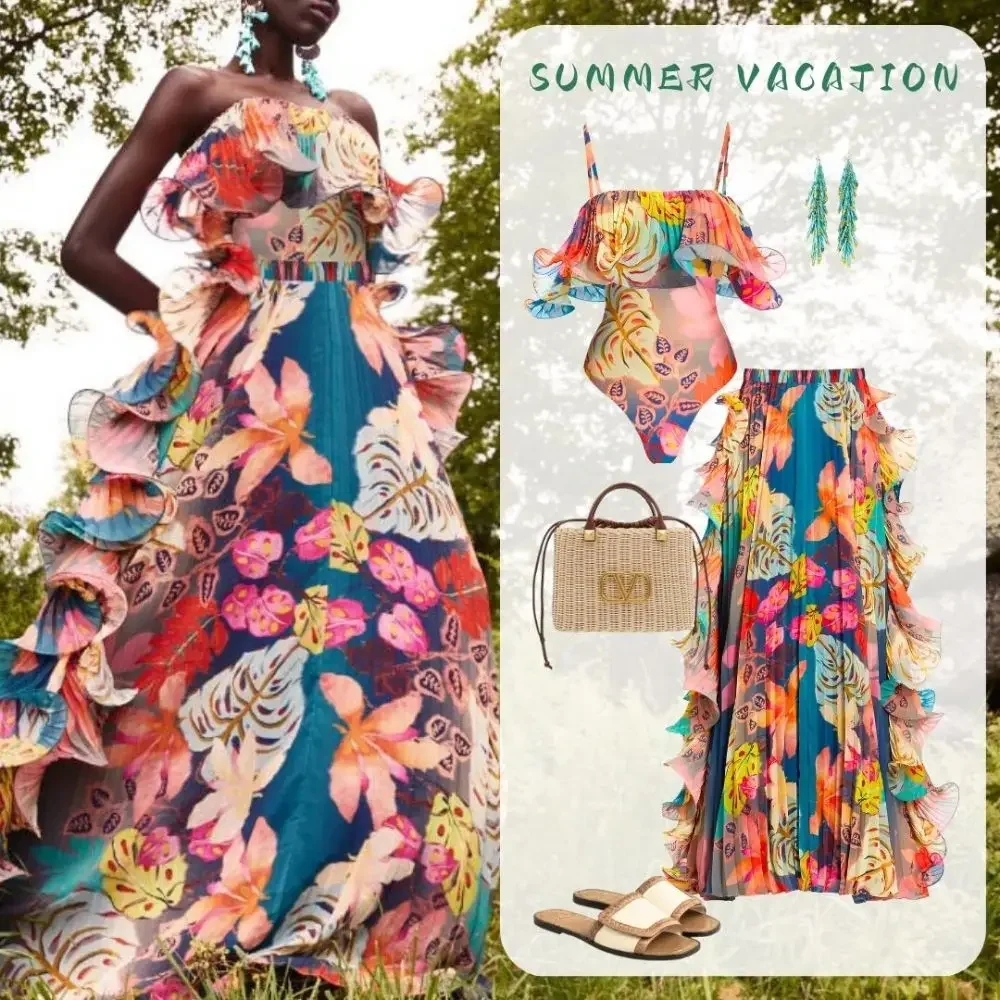 FLAXMAKER Flowers Printed One Piece Swimsuit and Skirt Women Beachwear Luxury Bathing Suit