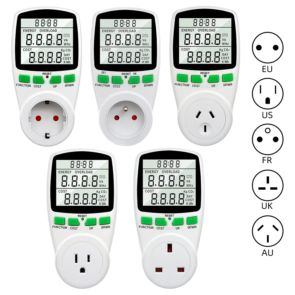 Digitale wattmeter LCD-energiemeter Elektriciteitsvermogensmeter Socket Elektrische tester FR US UK AU BR Meten Outlet Power Analyzer