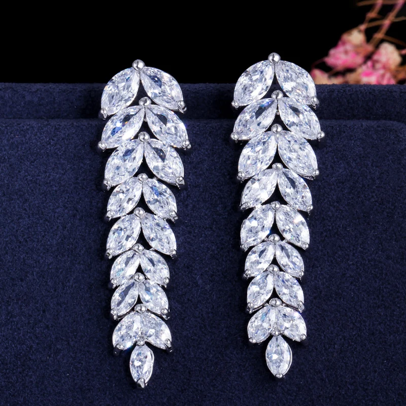 

ThreeGraces Clear Cubic Zirconia Stone Long Leaf Tassel Drop Earrings for Women New Trendy Summer Party Costume Jewelry ER087