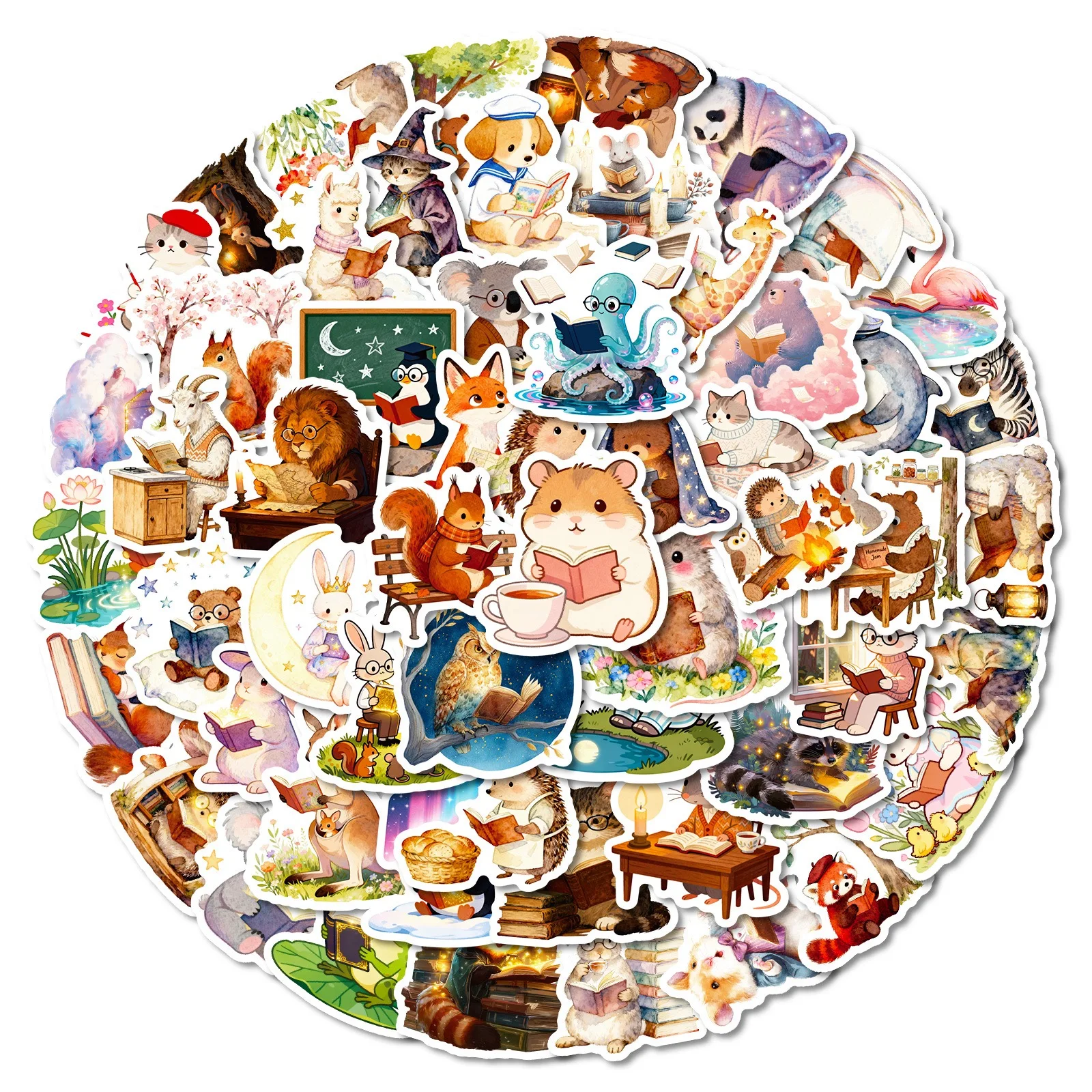 10/56Pcs Cute Funny Animal Reading Books Kindle Stickers Aesthetic Girls Decals Scrapbooking Notebook Laptop Phone Diary Sticker