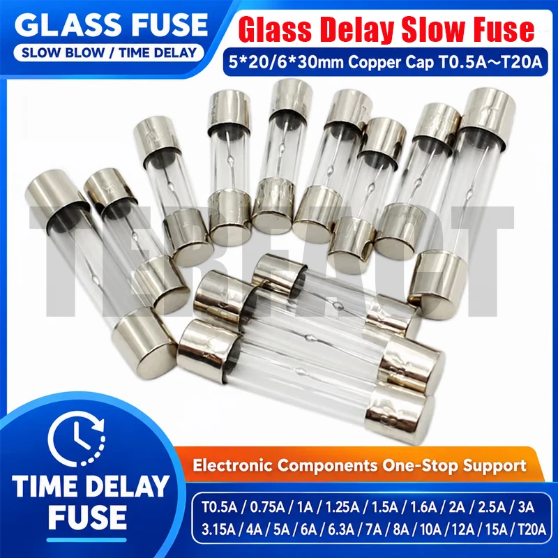 20pcs 6x30mm/5*20mm Slow Fusing Glass Delay Fuse Tube T0.5A 0.75A 1A 1.25A 1.5A 2A 2.5A 3.15A 4A 6.3A 7A 8A 10A 12A15A​20A 250V