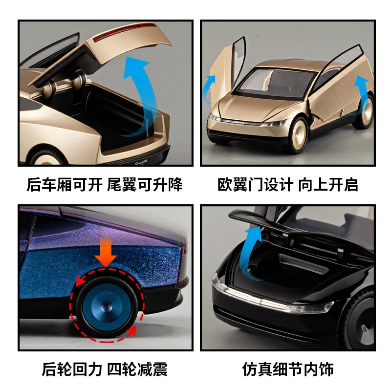 XHD 1: 32 تسلا Robotaxi عودة الصوت والضوء سبيكة سيارة نموذج سطح المكتب الديكور لعبة عيد ميلاد الأطفال هدية جمع