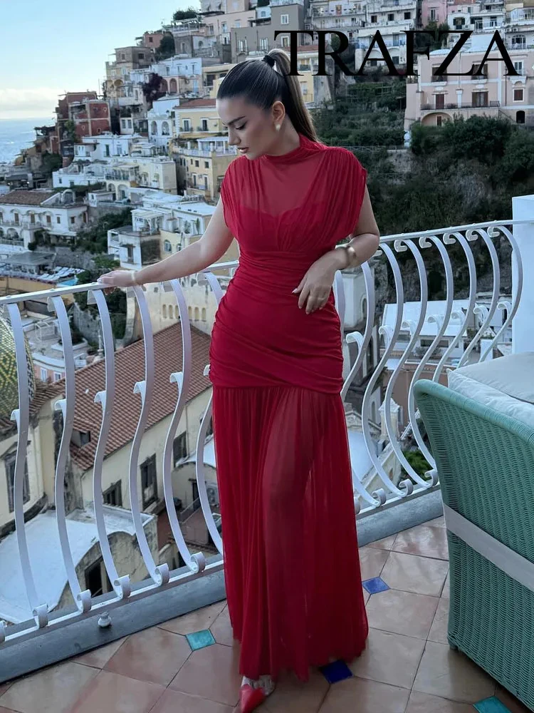 

TRAFZA Elegant Woman Summer Dress Tulle Sleeveless Splicing Slim Zipper Dresses Beach Party Female Chic Sexy Pleated Midi Dress