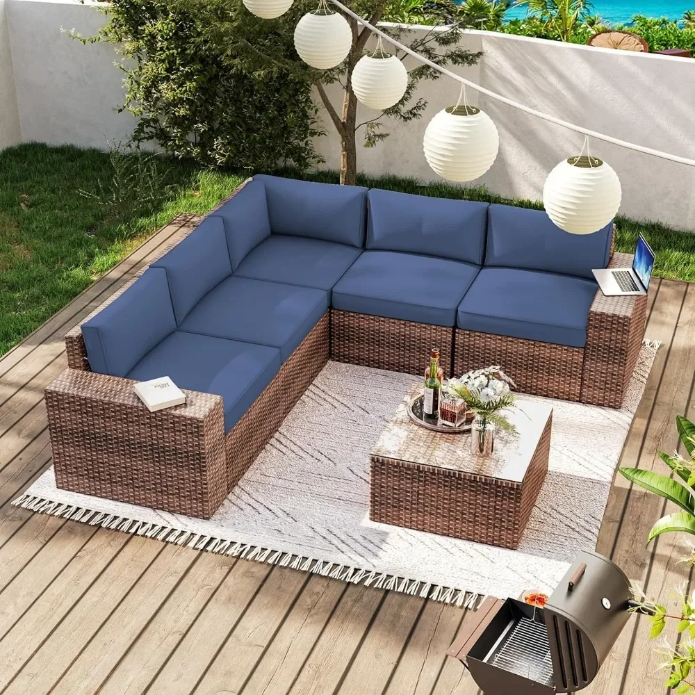 

7 Pieces set 44” Fire Pit Table Outdoor Sectional Sofa Include Waterproof Cover with Thickened Cushions and Glass Coffee Table