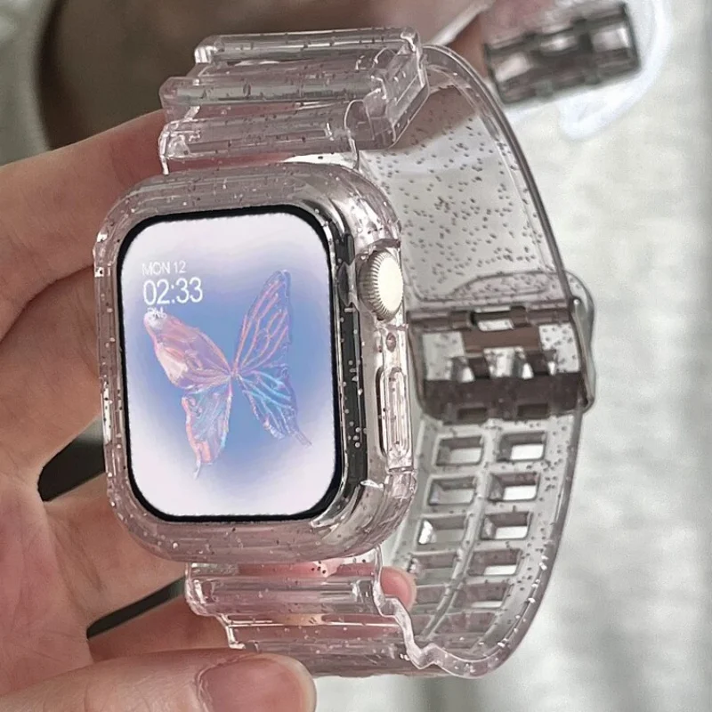 Glitter Clear Bling Sport Strap Bumper Case For Apple Watch 45mm 41mm 44 For Series 9 8 7 Band Women Girl Sparkling Clear Band