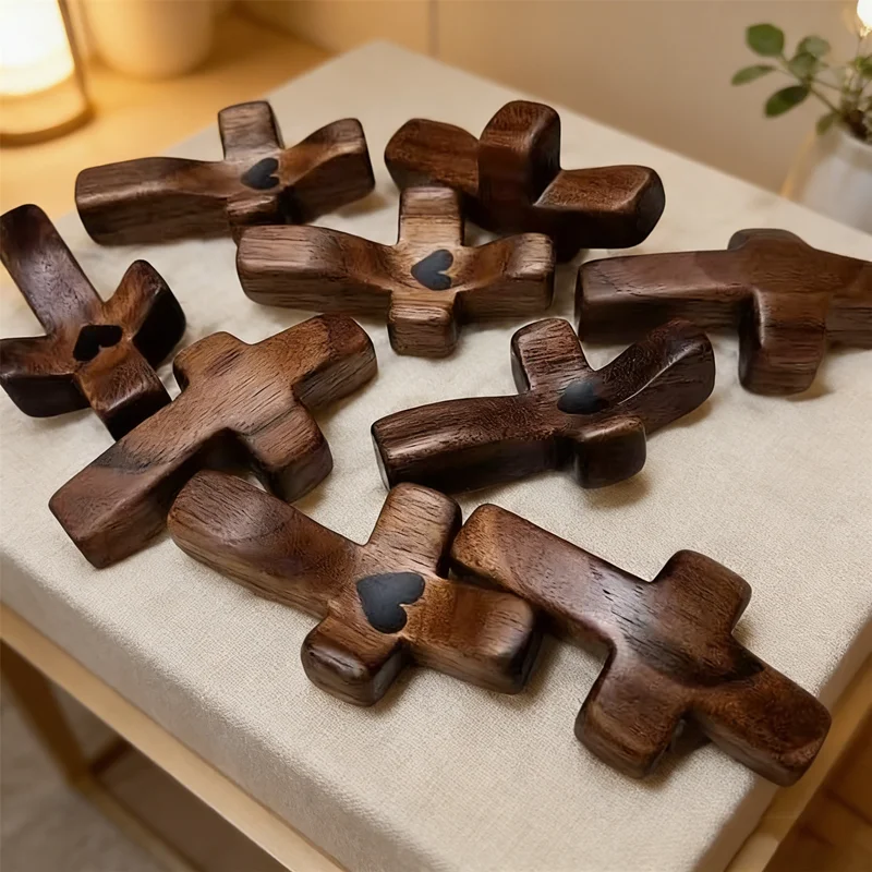 Encouragement Pocket Cross 3pcs​ - Wooden Cross with Epoxy Heart, Emotional Support Token, Handheld Comfort Gift, Carry Daily