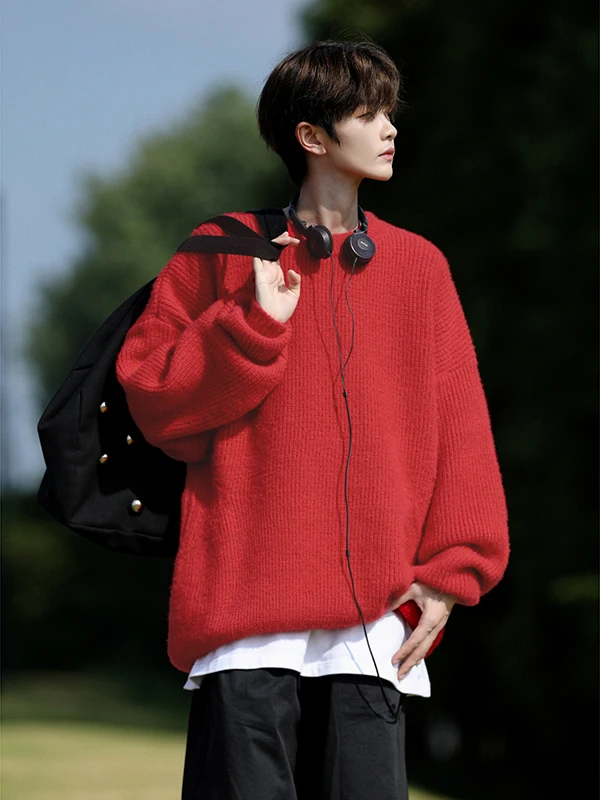 

Laid-ba Red Men's Knitted Sweater Loose Fit Overhead American Retro Sle Winter Warm Casual Faion Soft Polyester Fiber