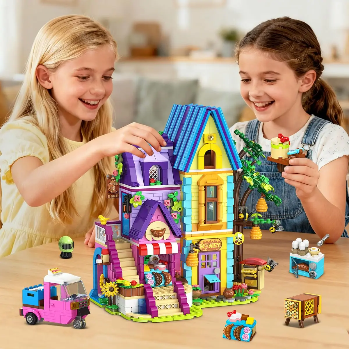HOGOKIDS Beeeeping & Bakery House Building Toy with LED- Friends Girls Baking with Honey Workshop Pretend Play Birthday for Kids