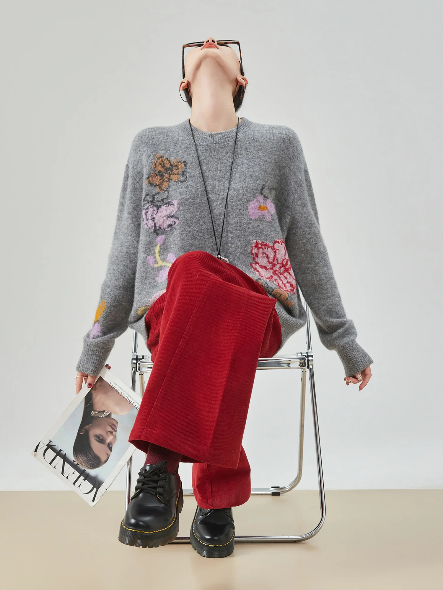 

ey round Ne Floral Embroidered Knitwear Women's Loose Lazy Soft oulder Drop Inner Wear Sweater Spring New Sle PlumJan