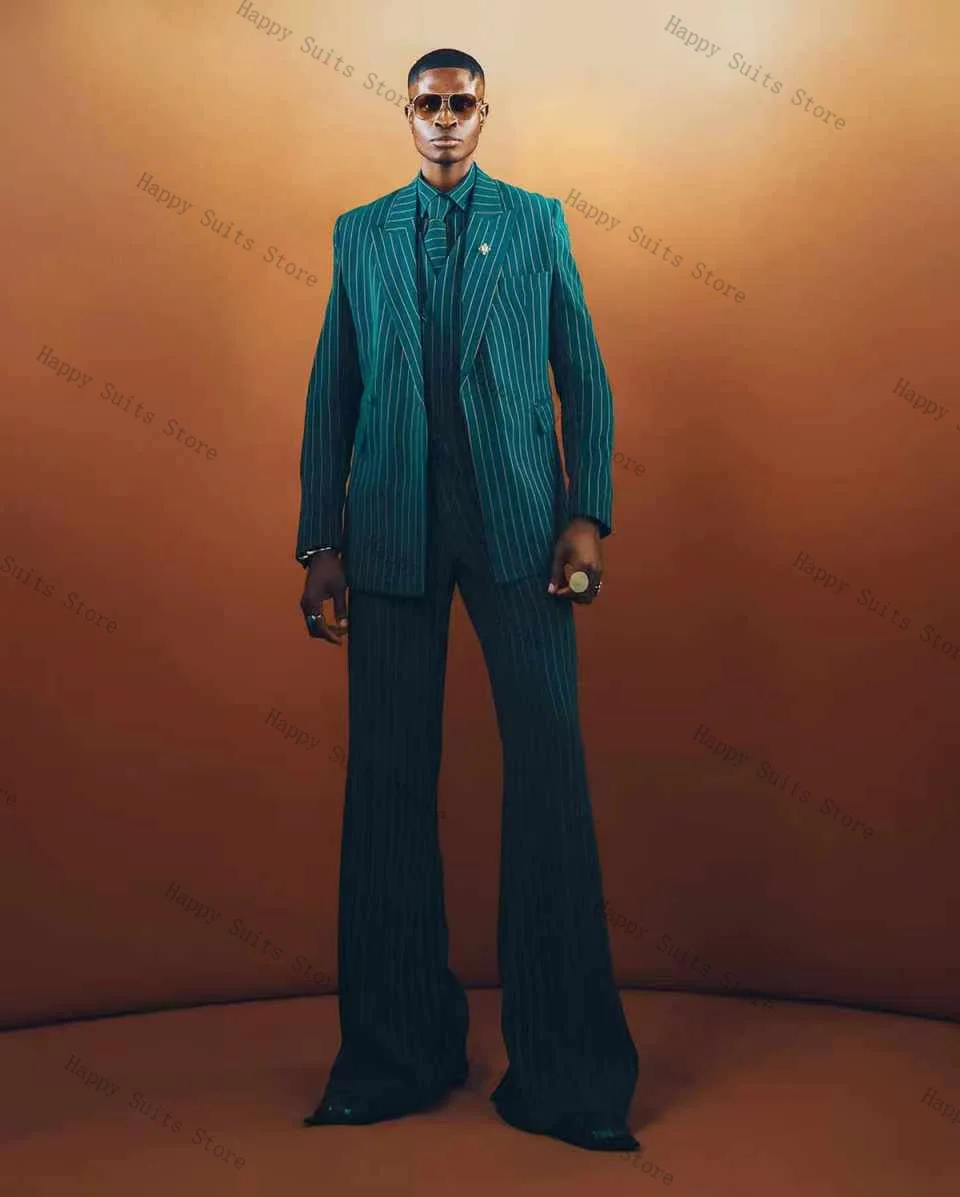 

Green Pinstripe Men Suit Set 2 Pieces Blazer+Flare Pants Trousers Wedding Tuxedo Formal Office Business Customized Jacket Coat