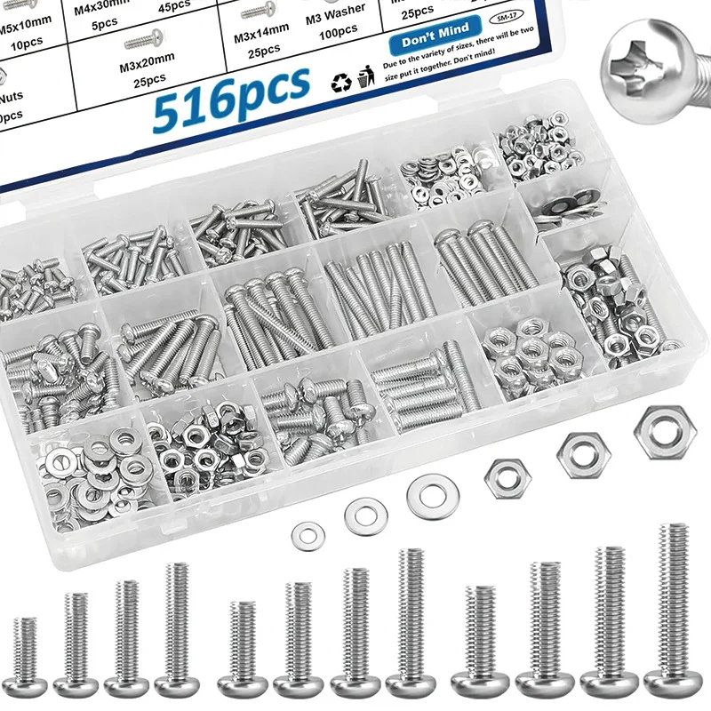 516Pcs Phillips Pan Head Screws Nuts Washers Assortment Kit, Black Zinc Plated Fastener Set
