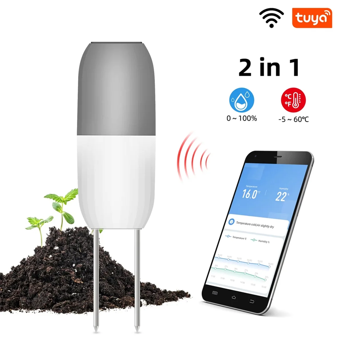 

A04I Tuya Wi-Fi подключенный интеллектуальный датчик измерения температуры и влажности почвы для теплиц, посадки фруктов