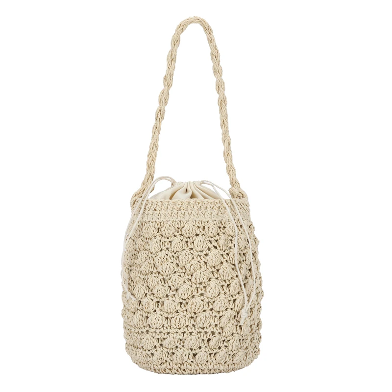 Handmade Woven Bucket Bag for Women Bohemian Shoulder Bags Knitted Summer Straw Beach Bag Female Round Cut Out Handbags