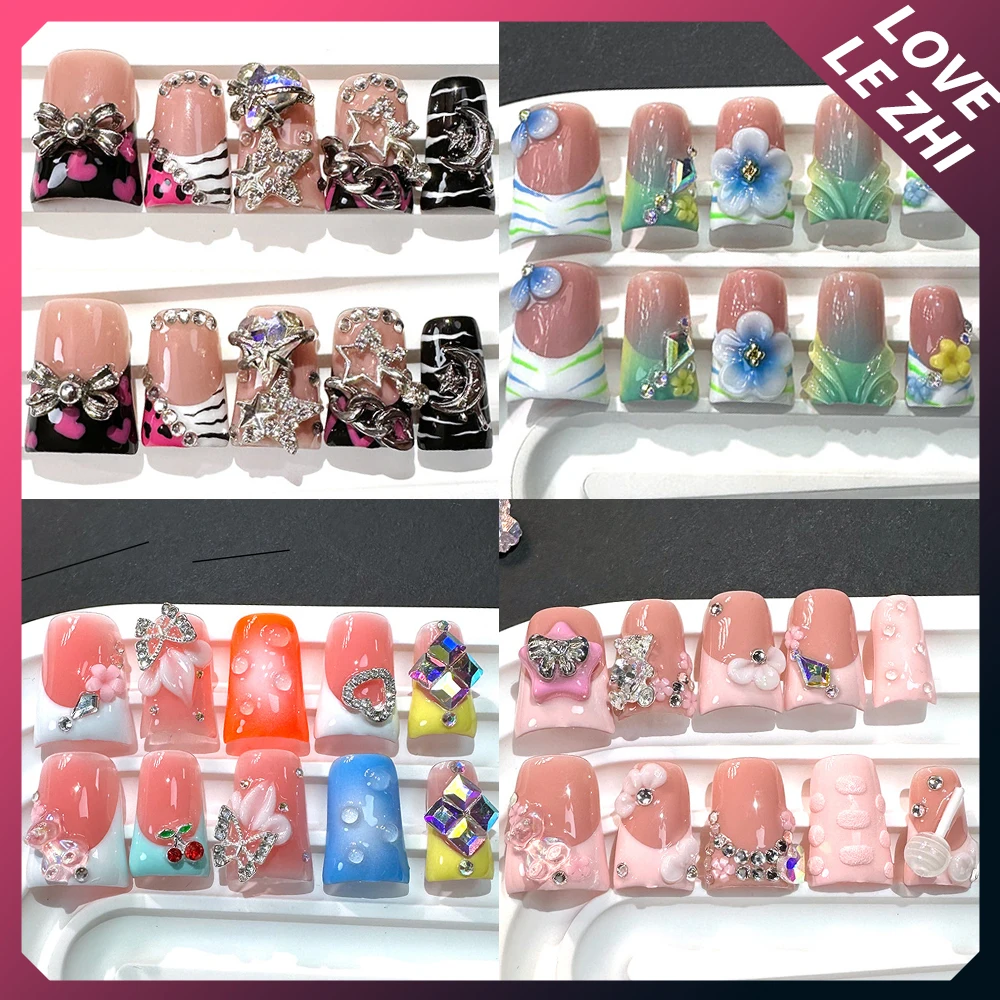 

10Pcs Deluxe Glitter Colorful Diamond Duck-Bill Long Tip Handmade Press On Nails 3D Flower Pearl Pentagram French Fake Nails