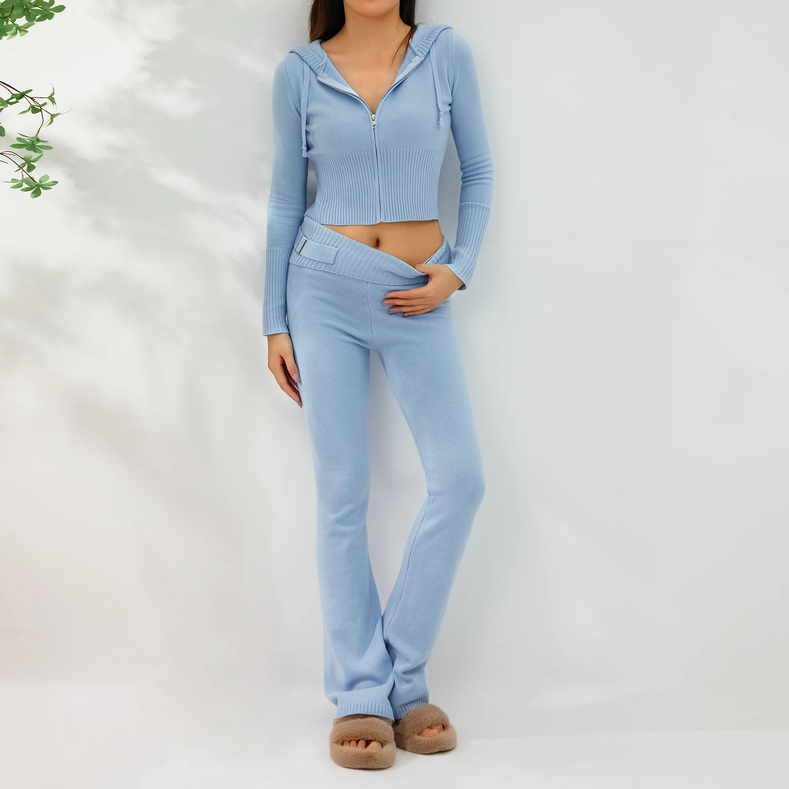 Y2k donna 2 pezzi Set lavorato a maglia completi tinta unita manica lunga Zipper-Up Slim Fit con cappuccio Crop top e pantaloni lunghi a vita alta