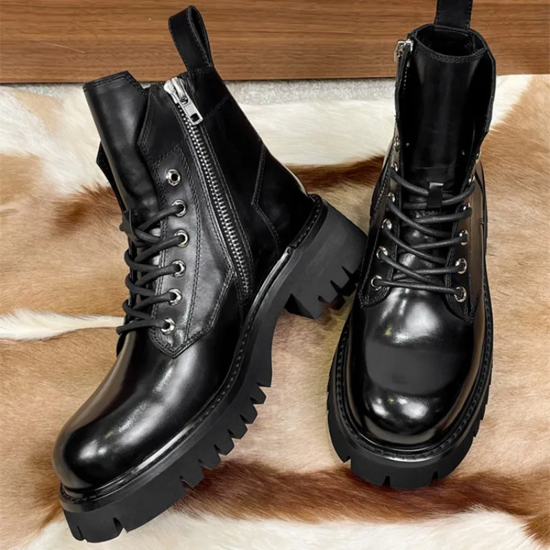 Luxury Fashion Men Motorcycle Boots Genuine Leather Thick Sole Business Dress Ankle Boots Outdoor Work Shoes Botines Chelsea