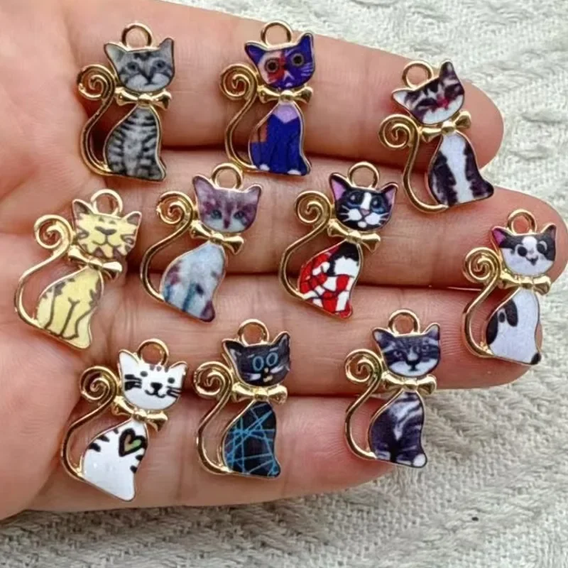10Pcs Alloy Printed Cute Cat Charms for DIY