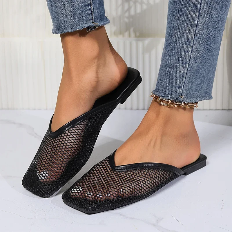 Mesh Breathable Mules Shoes Women Flats Slippers Summer 2024 Designer Square Toe Walking Slingback Flip Flops Home Female Slides