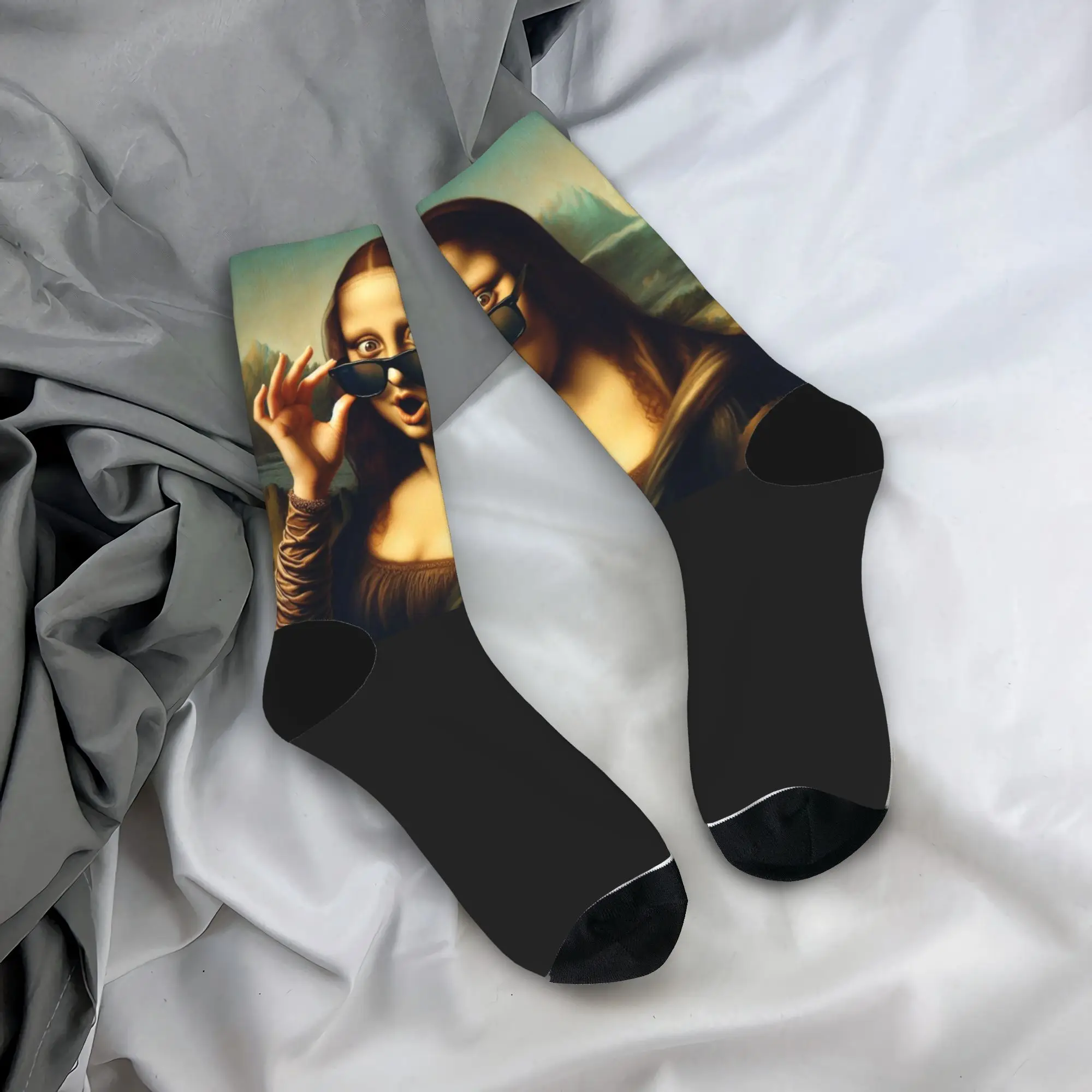 

Cool Mona Lisa with Shades Socks Fashion Stockings Unisex Men High Quality Running Sports Socks Spring Custom Anti Sweat Socks