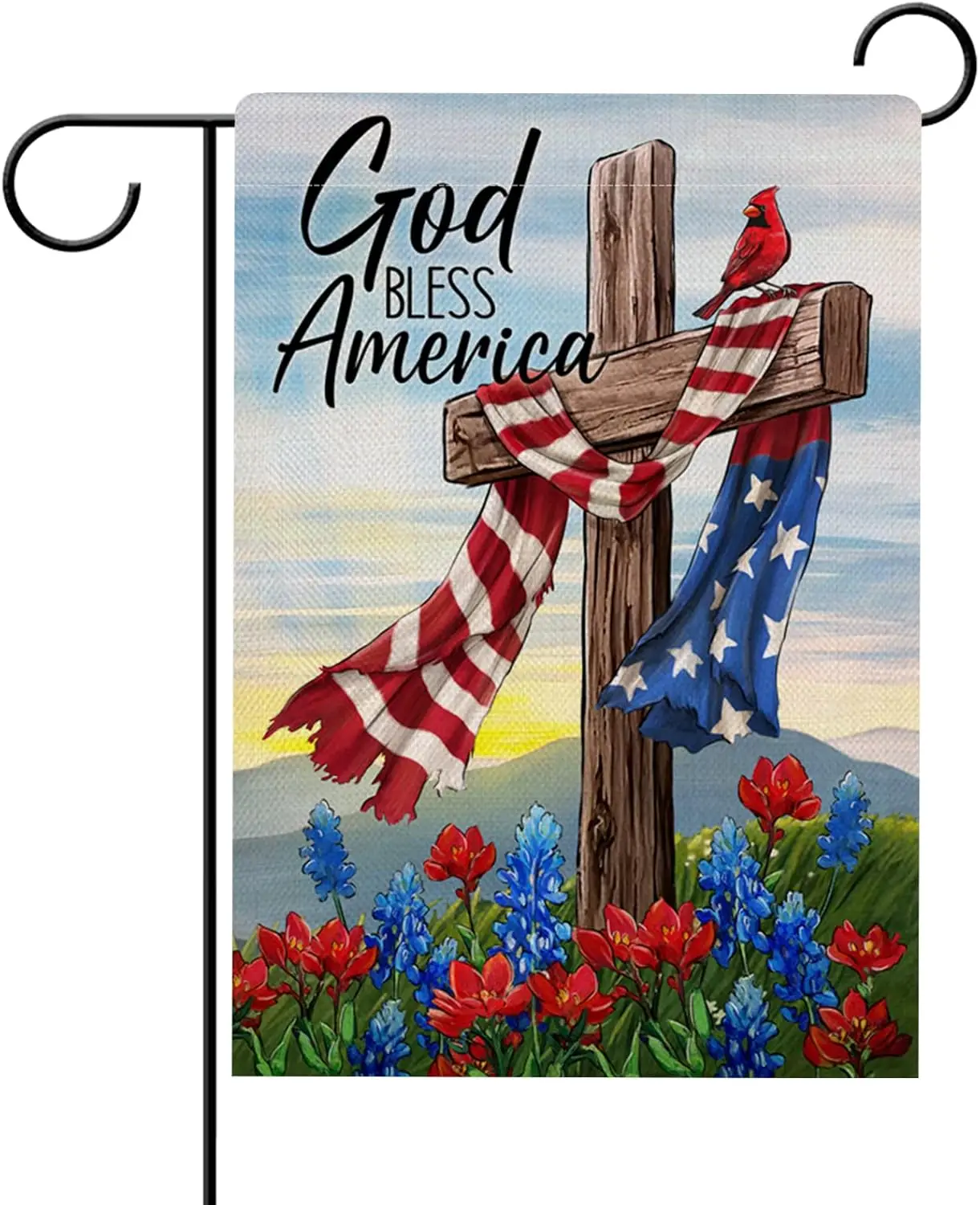 Hzppyz God Bless America 4th of July Cross Patriotic Garden Flag Double Sided, Religious American USA Memorial Day Cardinal Deco