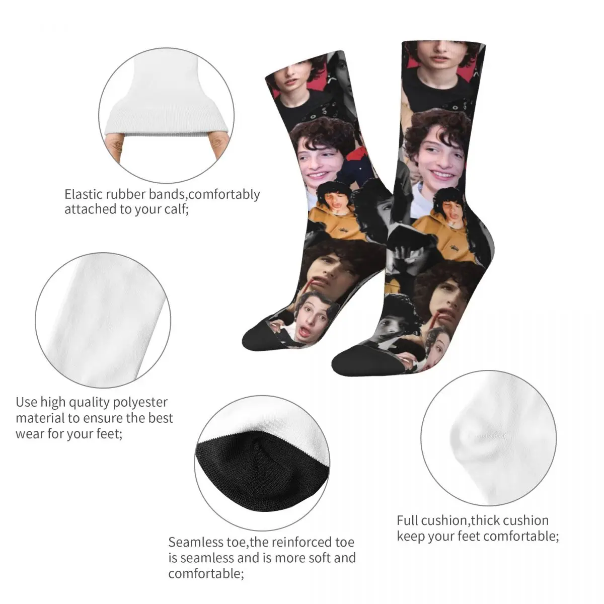 Hip-hop Finn Wolfhard Collage Skateboard Socks Actor Movie Polyester Crew Socks for Women Men Sweat Absorbing