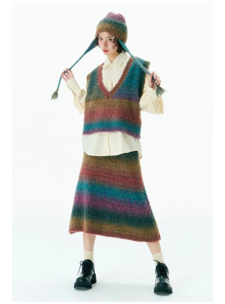 Korobov Y2k Rainbow Stripe Sleeveless Vneck Vest Knit Half Skirt Gradients Color Female Two Piece Set Vintage Fall Outfits Women