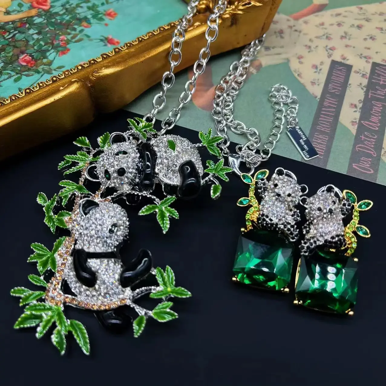 Qingdao Zhonggu Ornament Vintage Enamel Colorful Panda Eating Bamboo Cute Rhinestone Necklace and Earrings Suite