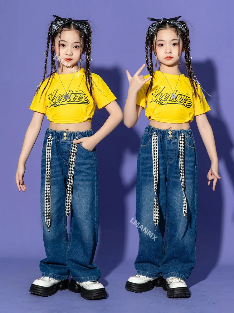 Fashion T Shirt Jeans Denim Pants Children Ballroom Hip Hop Costumes Dancing Clothes Jazz Street Dance Wear Dancewear for Girls