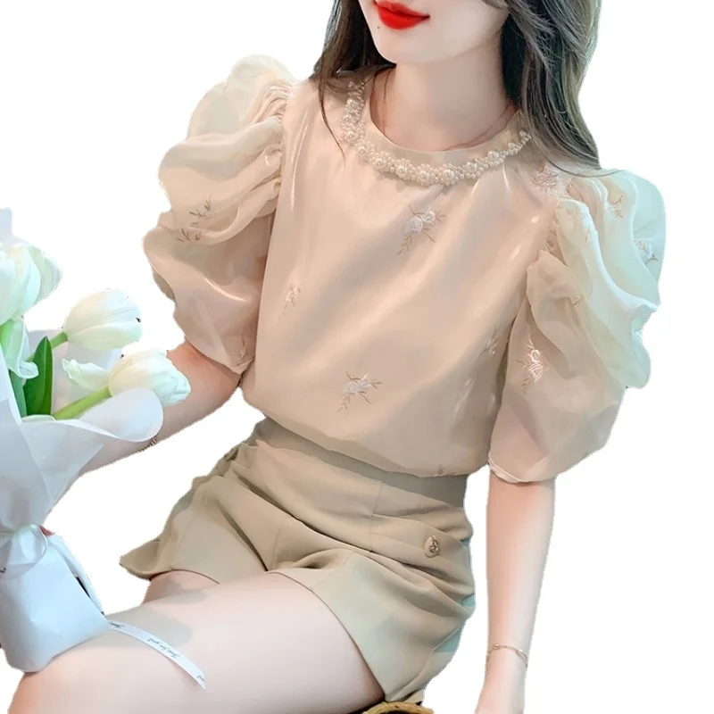 French Fashion Embroidery Short Sleeve Shirt Top Women\'s Summer Blouse 2023 New Design Sense Chic Pullover Shirts Blusas Mujer