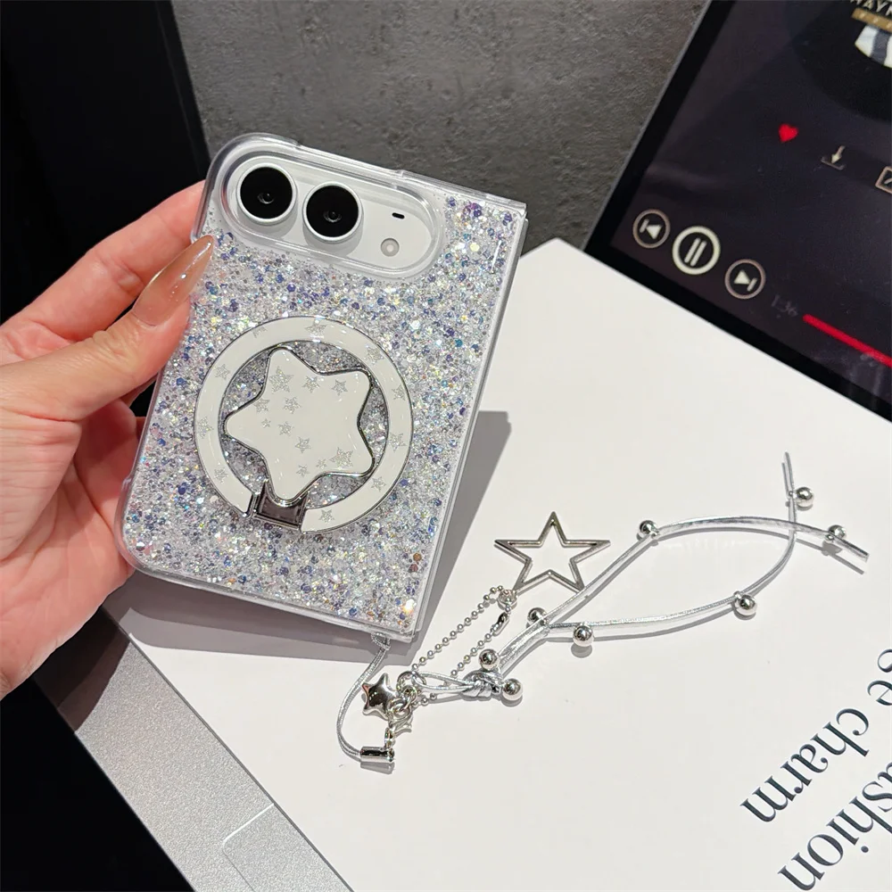 Korean Silver Glitter Cute Love 360 Magnetic Stand Magnetic Phone Case For iPhone Duo Cover with Chain Lovely Cases Hard Funda