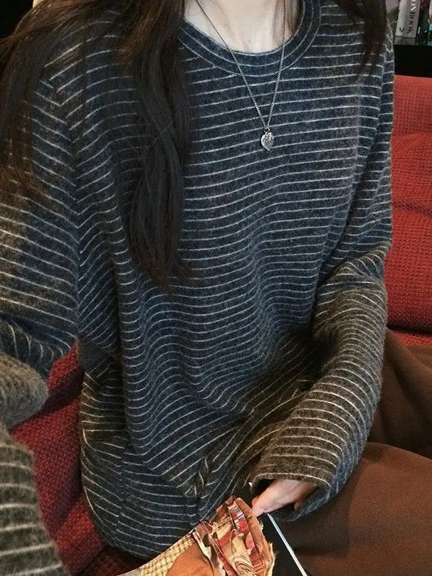 

plus Size 300 Pou Women's Long Sve Sweatirt Autumn Winter Striped Brued under irt Comfortable Breathable Korean S...