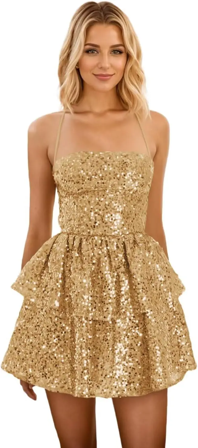 

Youth 2025 Ball Party Dress, Short Sequin Back To School Dress Layered HOCO Dress Flowing and Shining, Cocktail Party Mini Dress